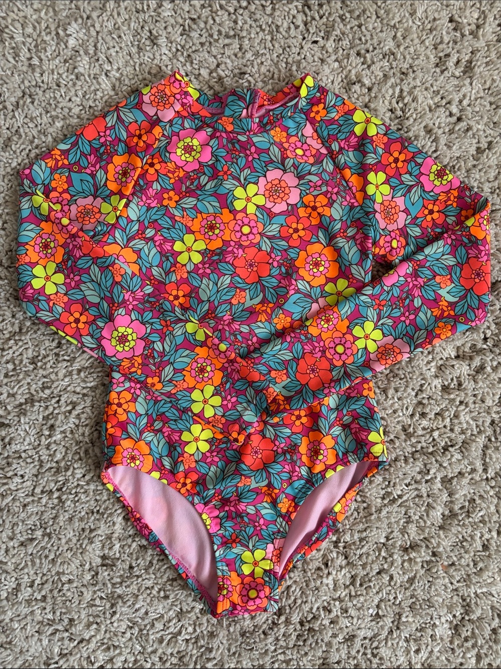 Girls' Floral Long-Sleeve Rash Guard Swimsuit - Pink Multi